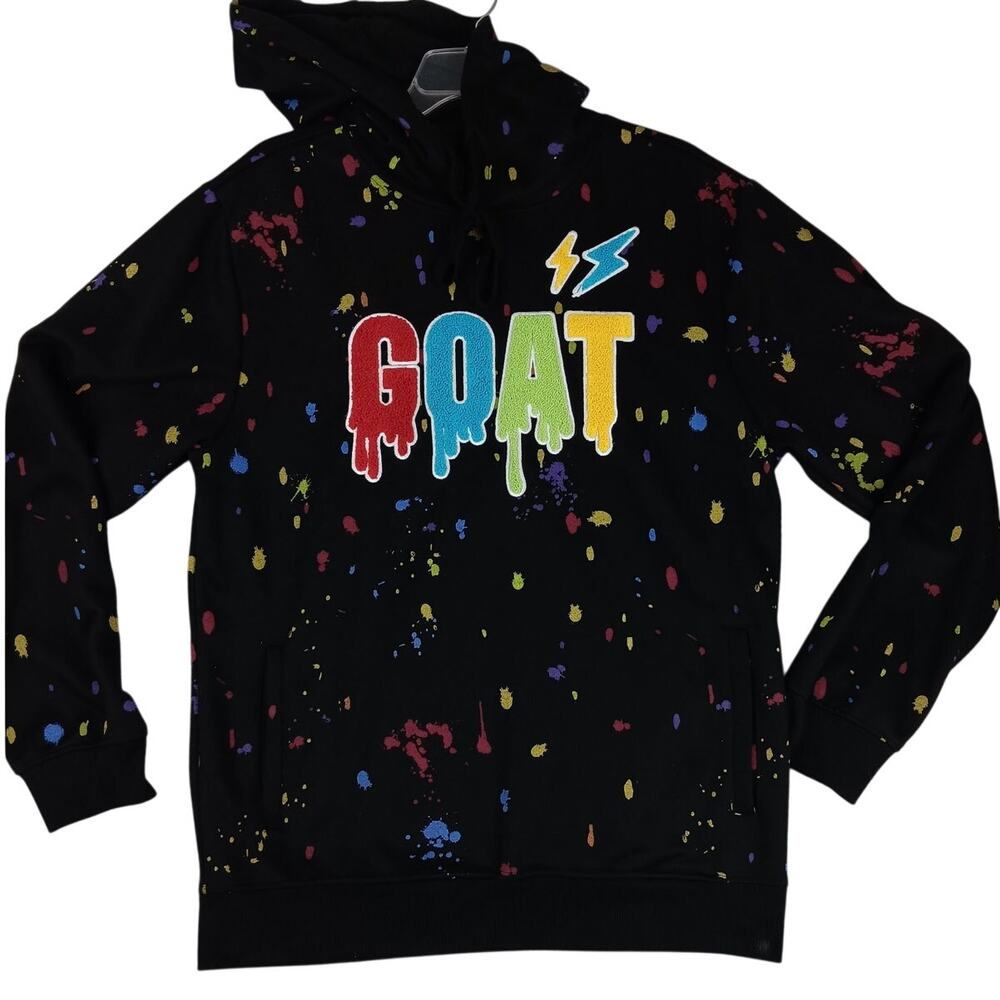 Rebel Minds GOAT Fleece Hoodie Mens Large Black Paint Splatter Patch Embroidered